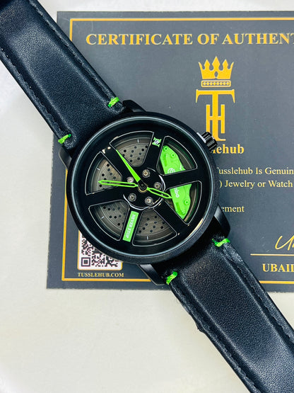 Black Neon Green Leather Strapped Spinner NS Watch