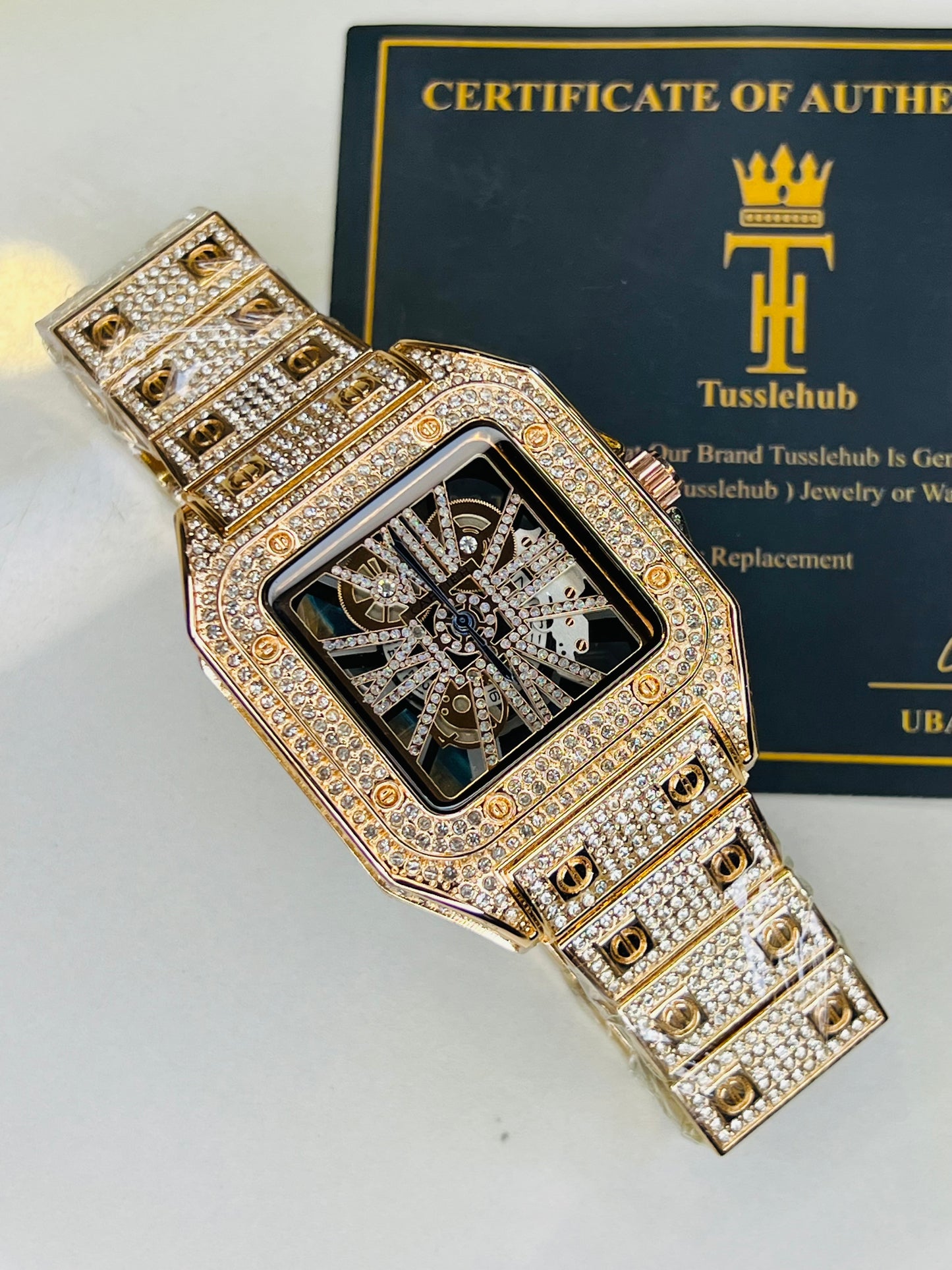 Rose Gold Skeleton Iced Out Watch