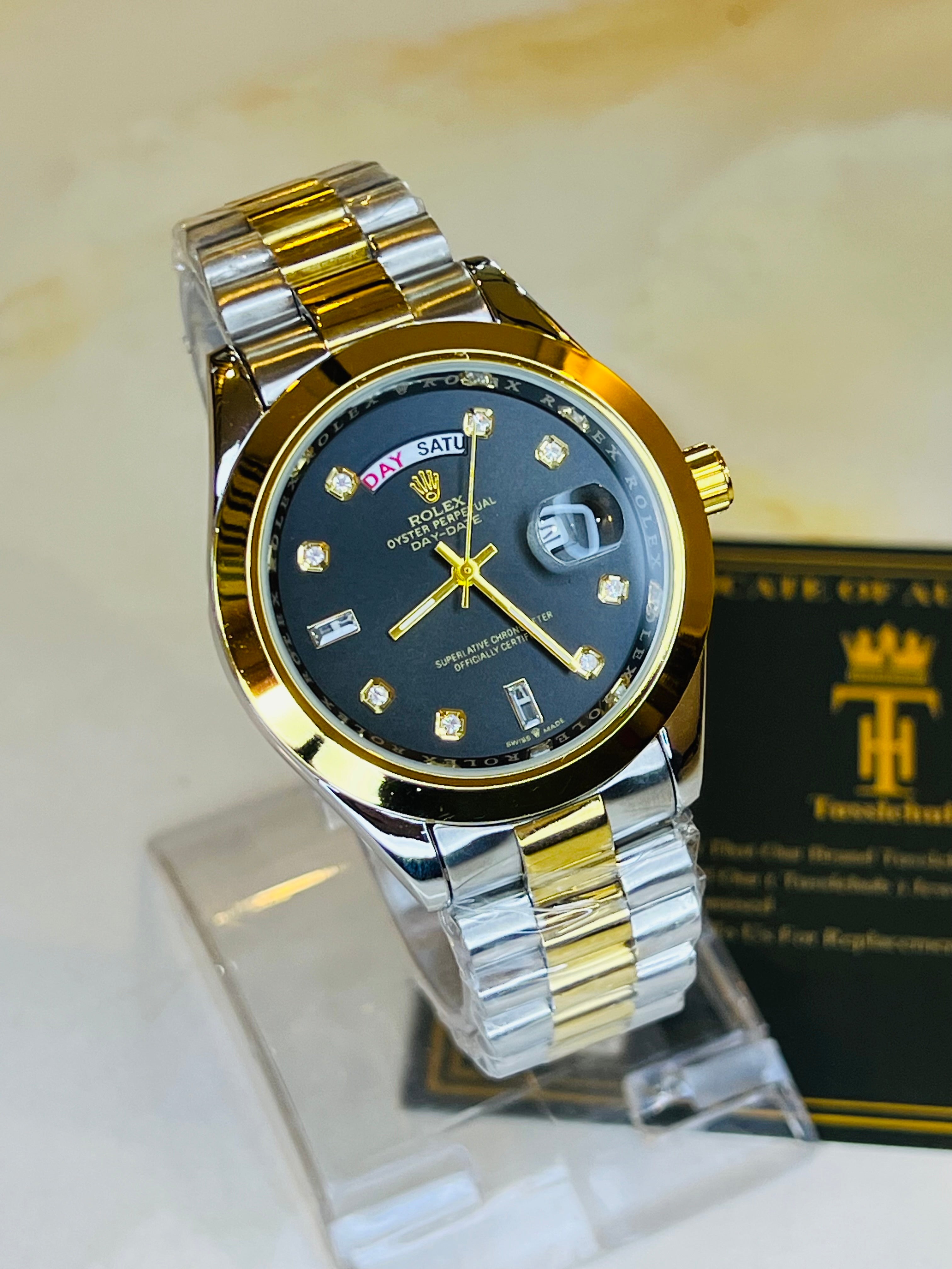 Premium Two Tone Black Date Just Plain Bezel Watch