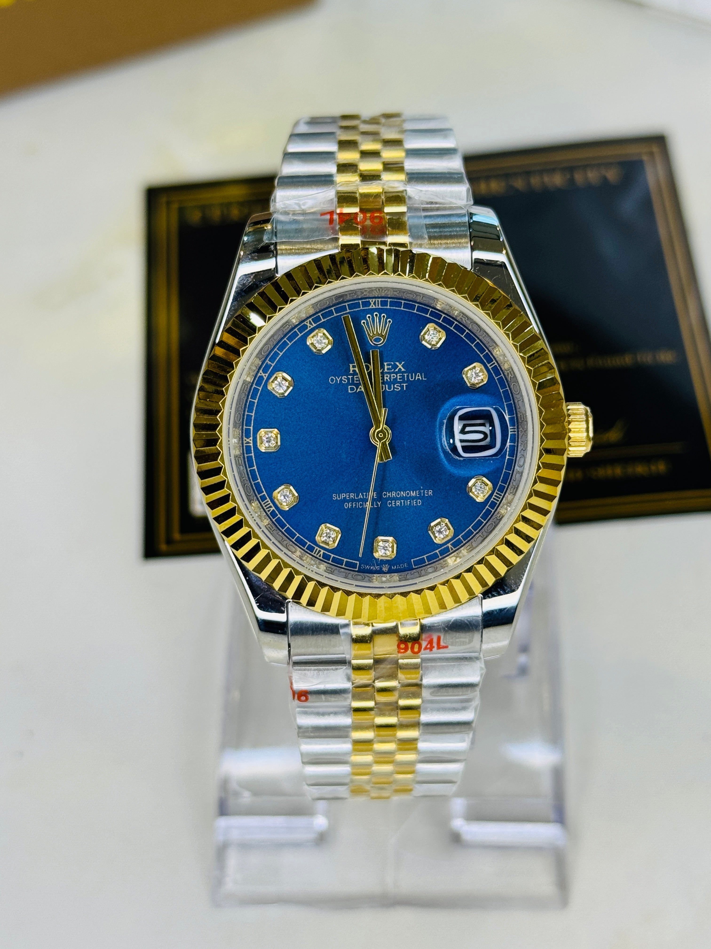 Jubilee Date Just Two Tone Diamond Fluted Blue Dial Quartz Watch