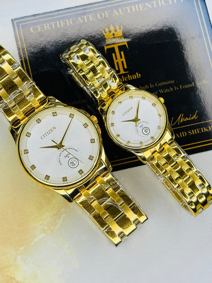 Gold White Down Date Citizen Couple Watch
