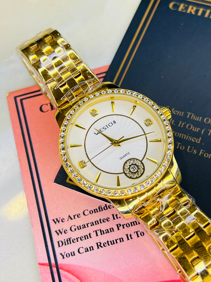 Gold Westchi White Iced Date Dial Watch For Her
