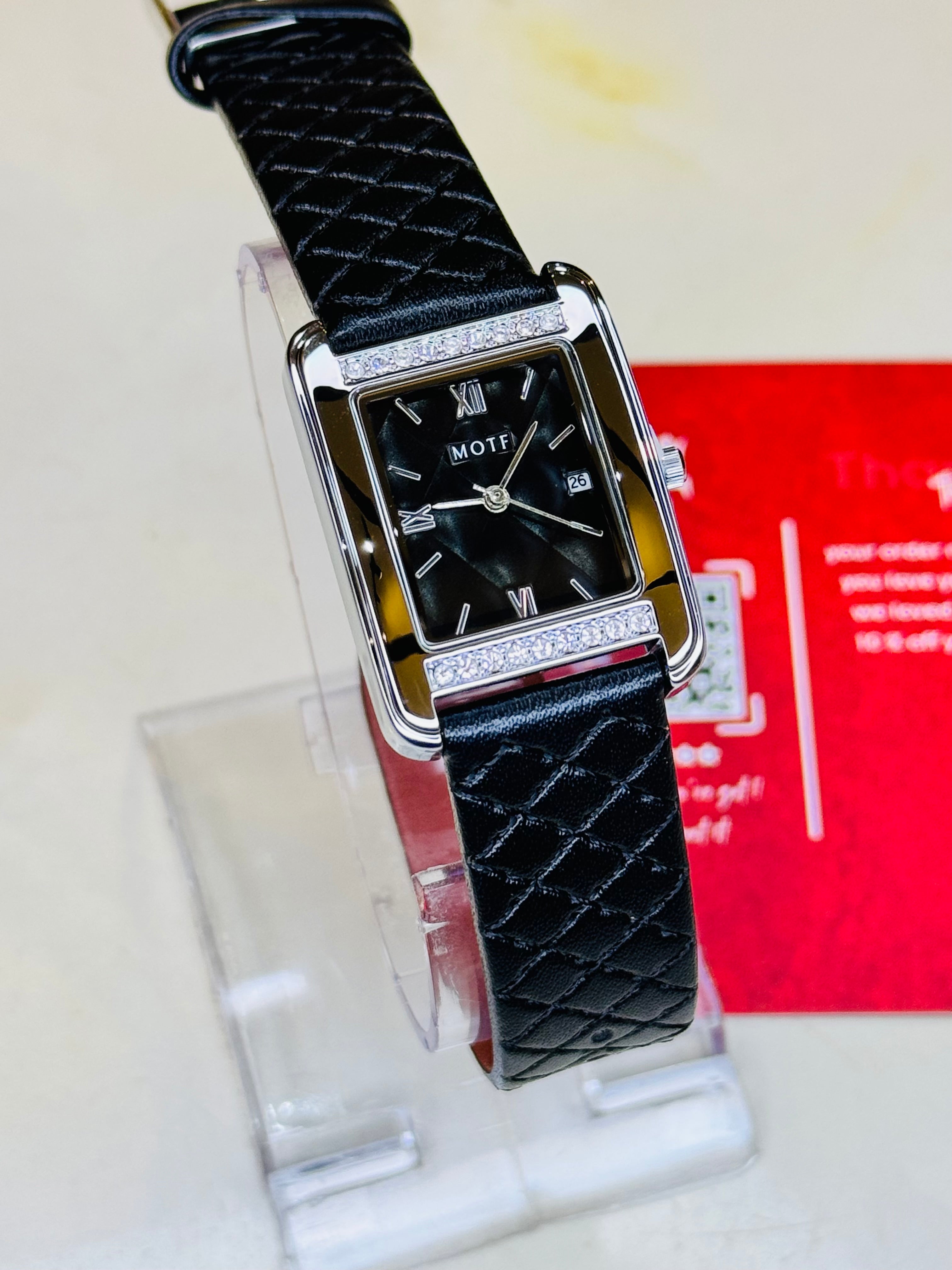 Black Leather Zircon Square Watch For Her