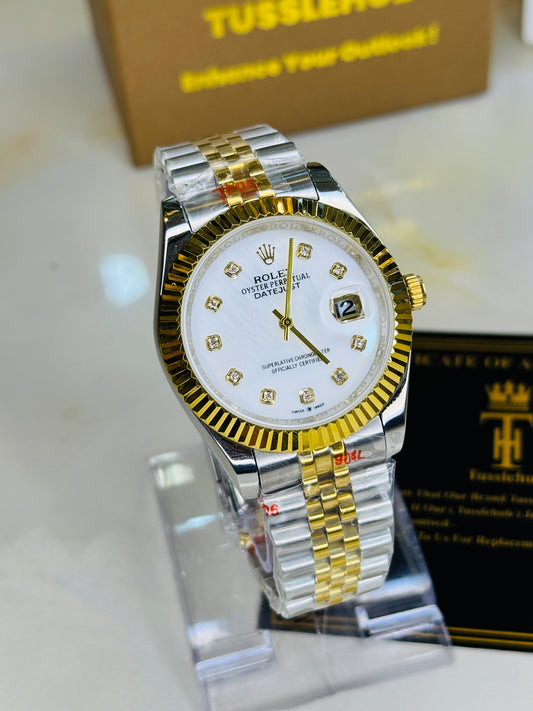 Jubilee Date Just Two Tone Diamond Fluted White Dial Quartz Watch