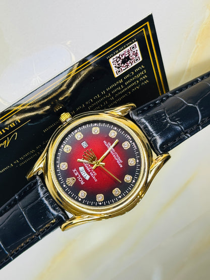 Black Gold Red Round Leather Rolex Watch
