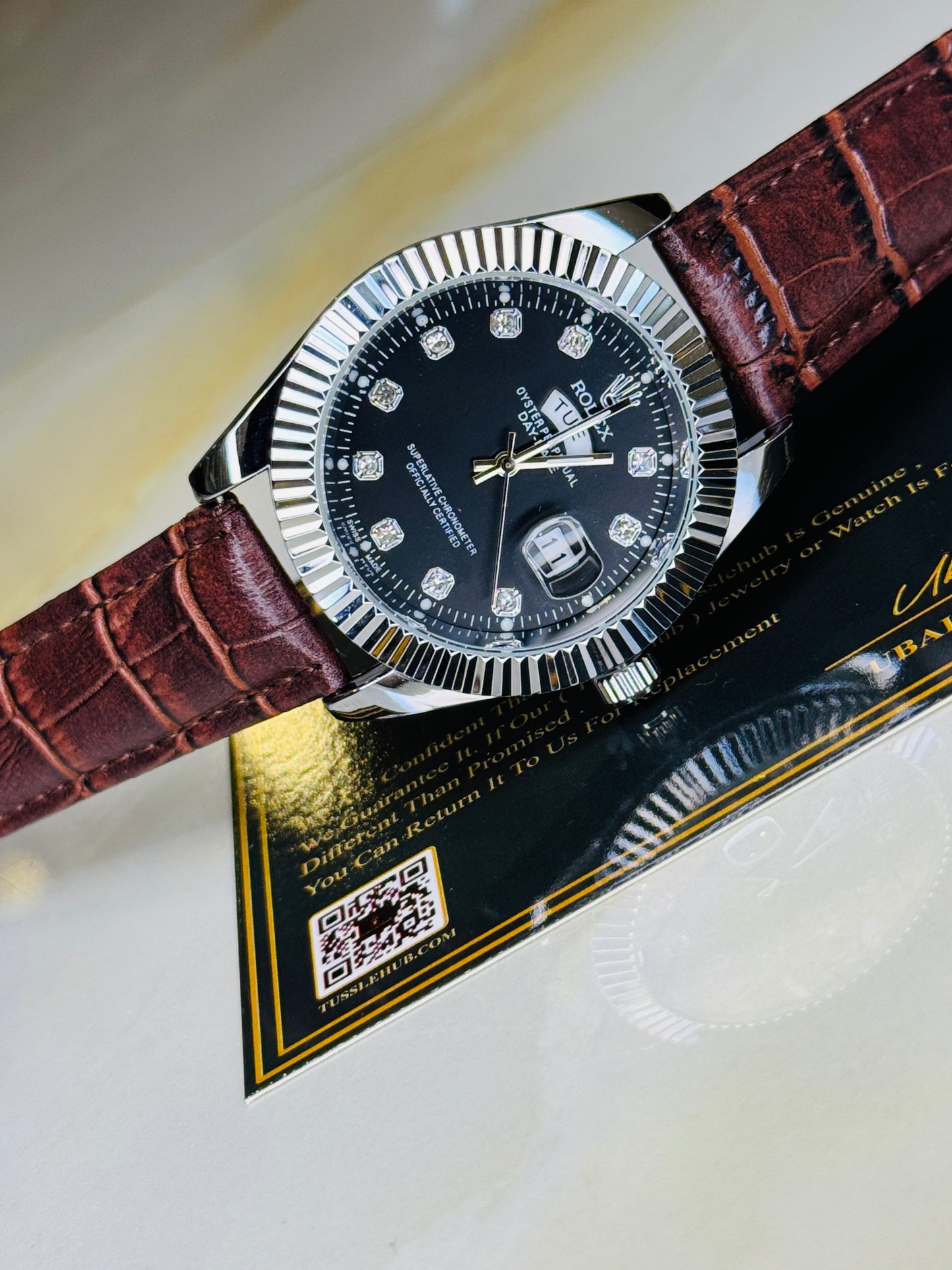 Brown Silver Black Day Date Leather Rolex Watch