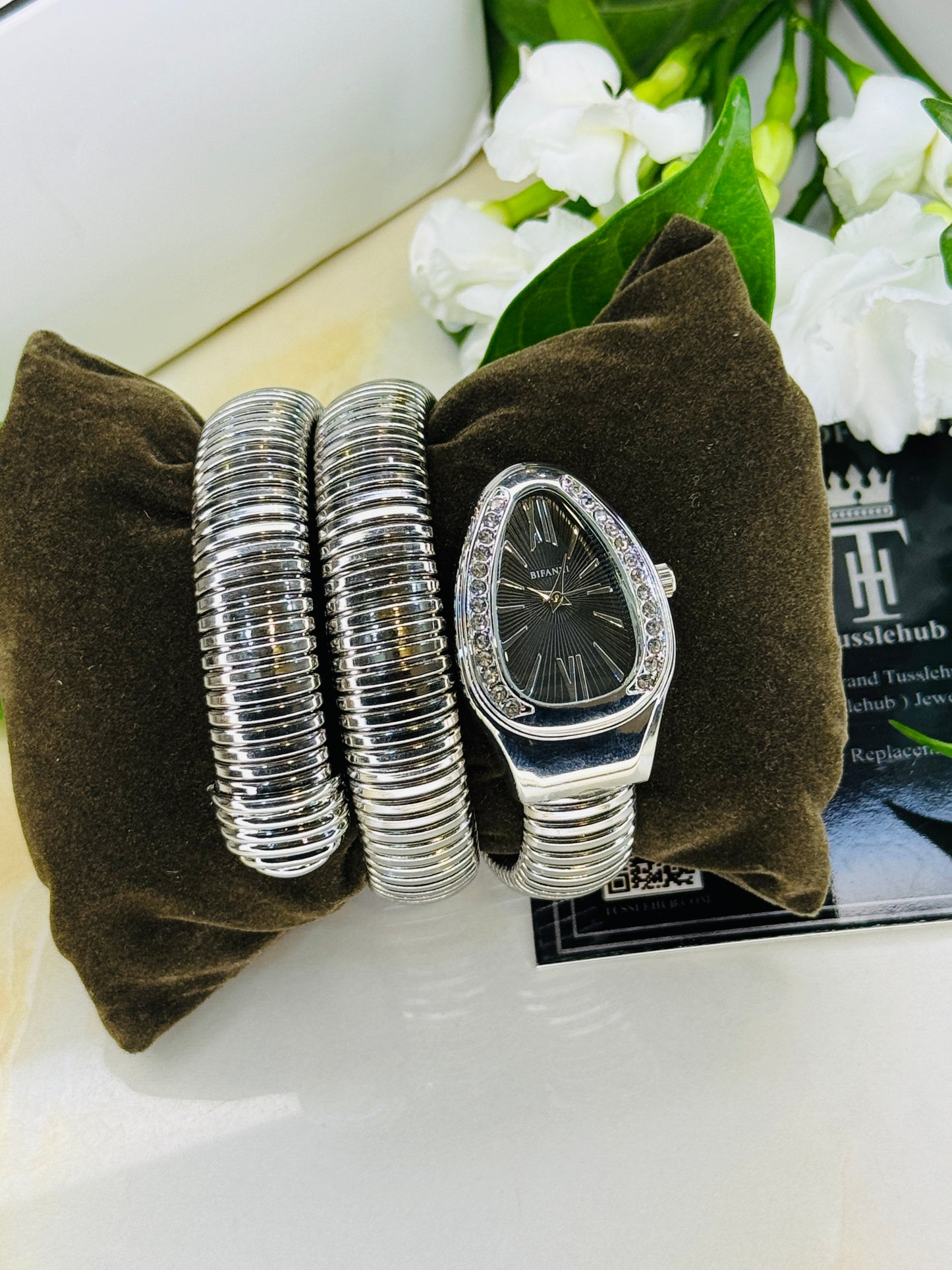 Silver Black Serpentine Watch For Her