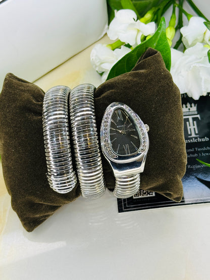 Silver Black Serpentine Watch For Her