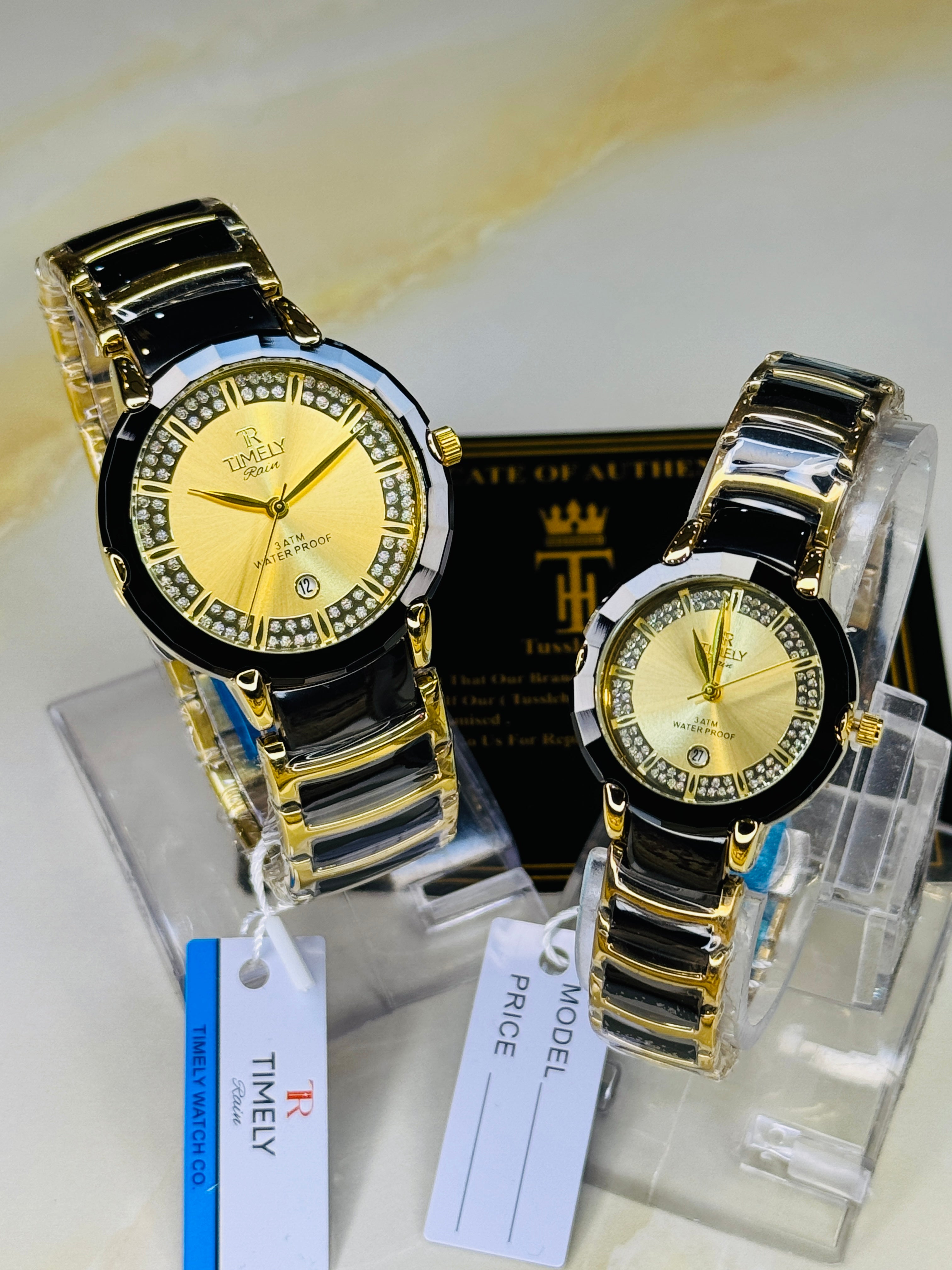 Timely Black Gold With Gold Dial Couple Watch Couple Pair