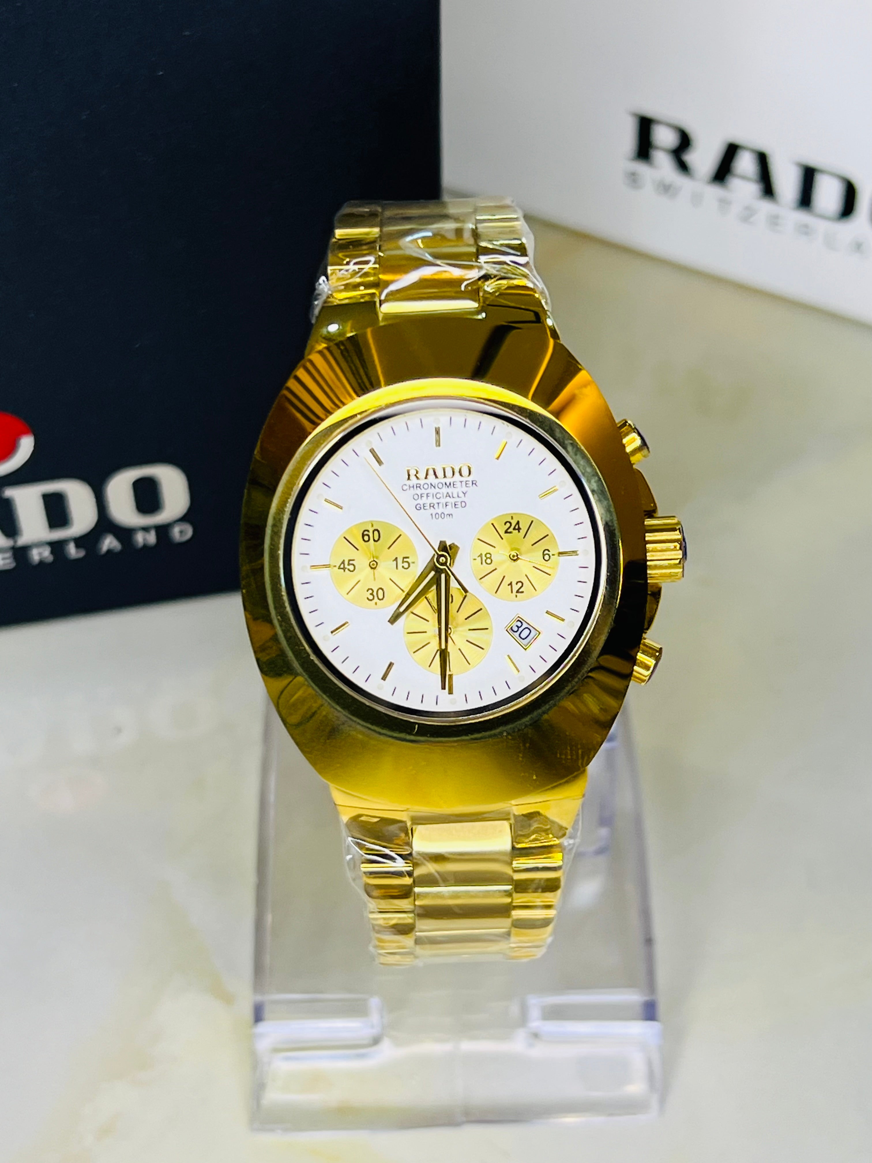 Gold Rado Chronograph White Gold Dial Master Clone Watch