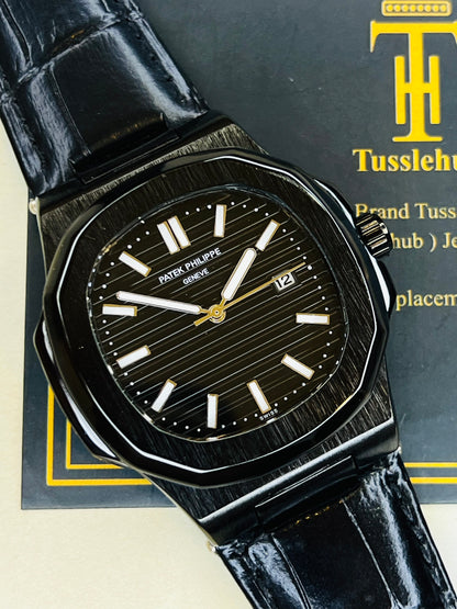 Leather Strap All Black Nautilus Dial Watch