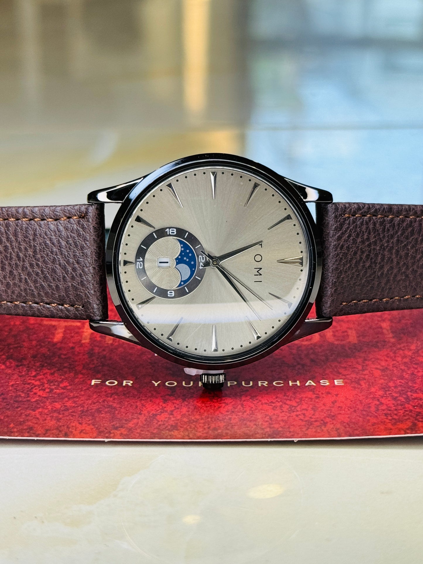 Tomi Coffee Grey Leather Magnetic Strap Watch