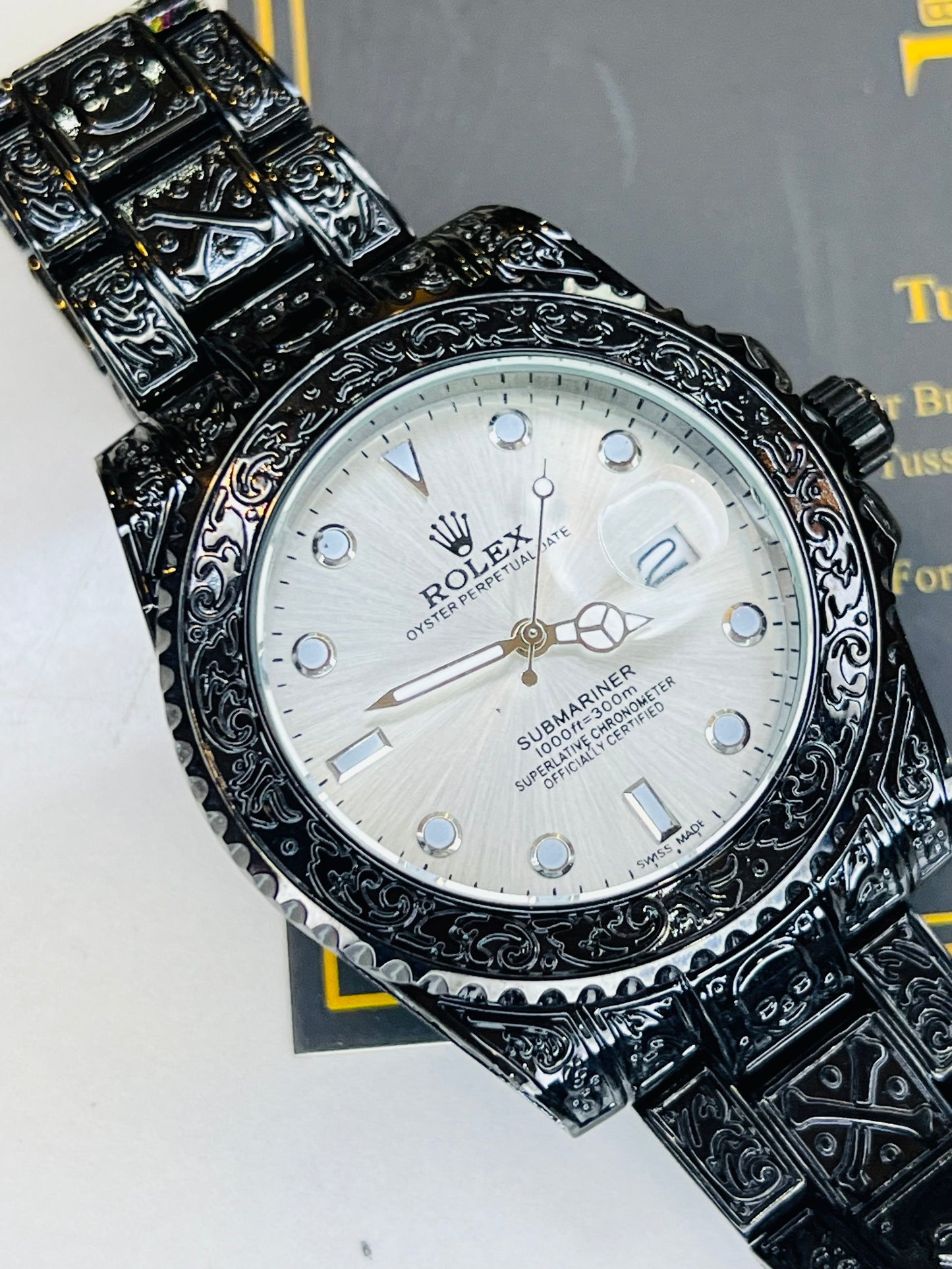 Black White Calligraphic Engraved Rolex