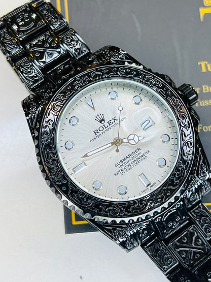 Black White Calligraphic Engraved Rolex