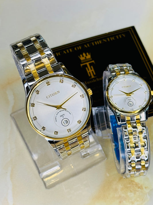 Two Tone White Down Date Citizen Couple Watch