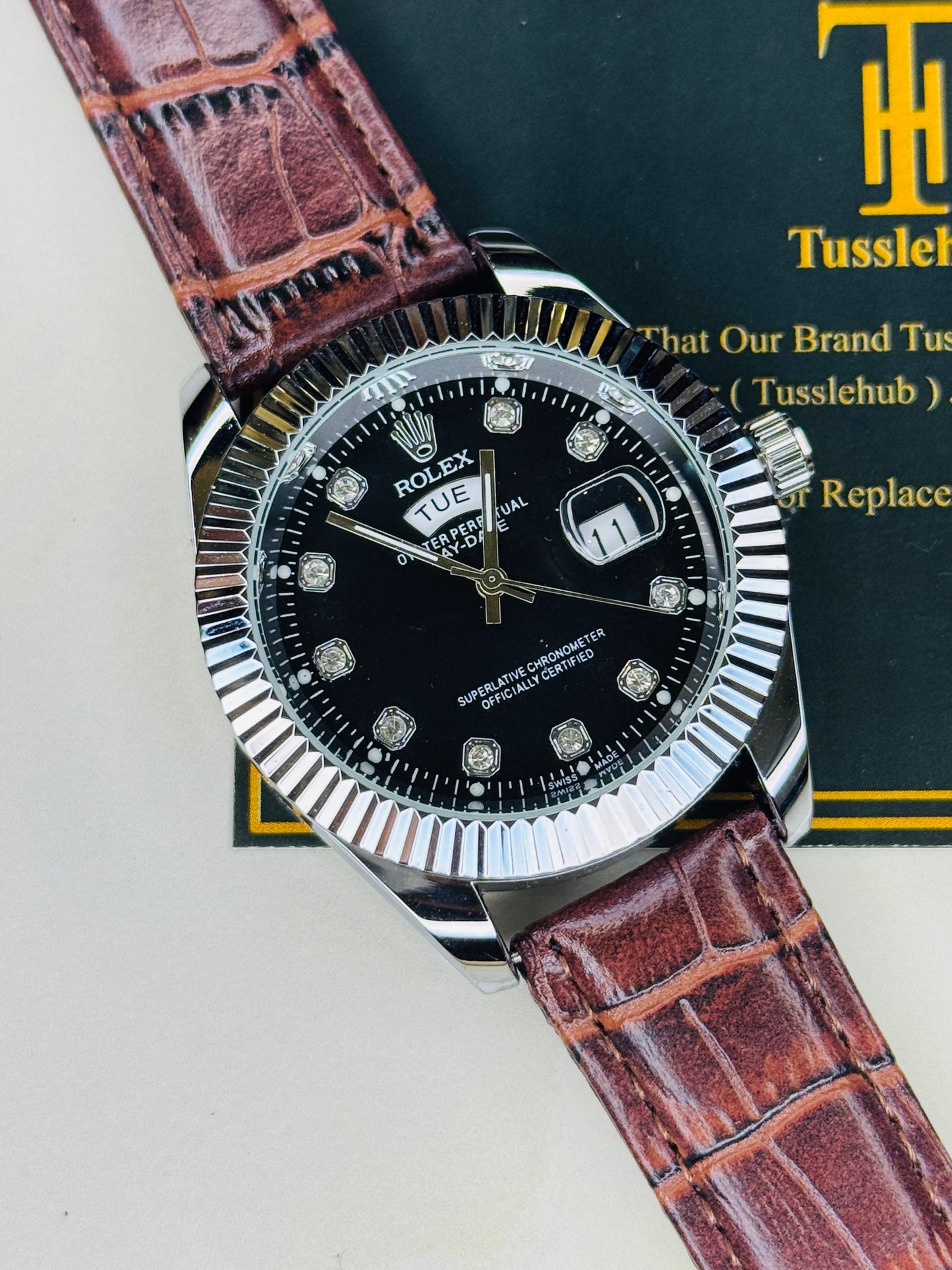Brown Silver Black Day Date Leather Rolex Watch
