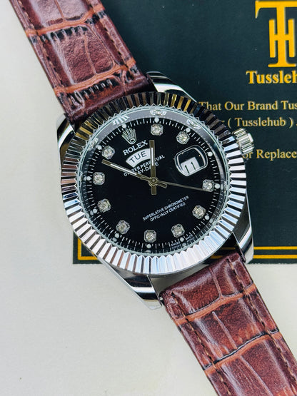 Brown Silver Black Day Date Leather Rolex Watch