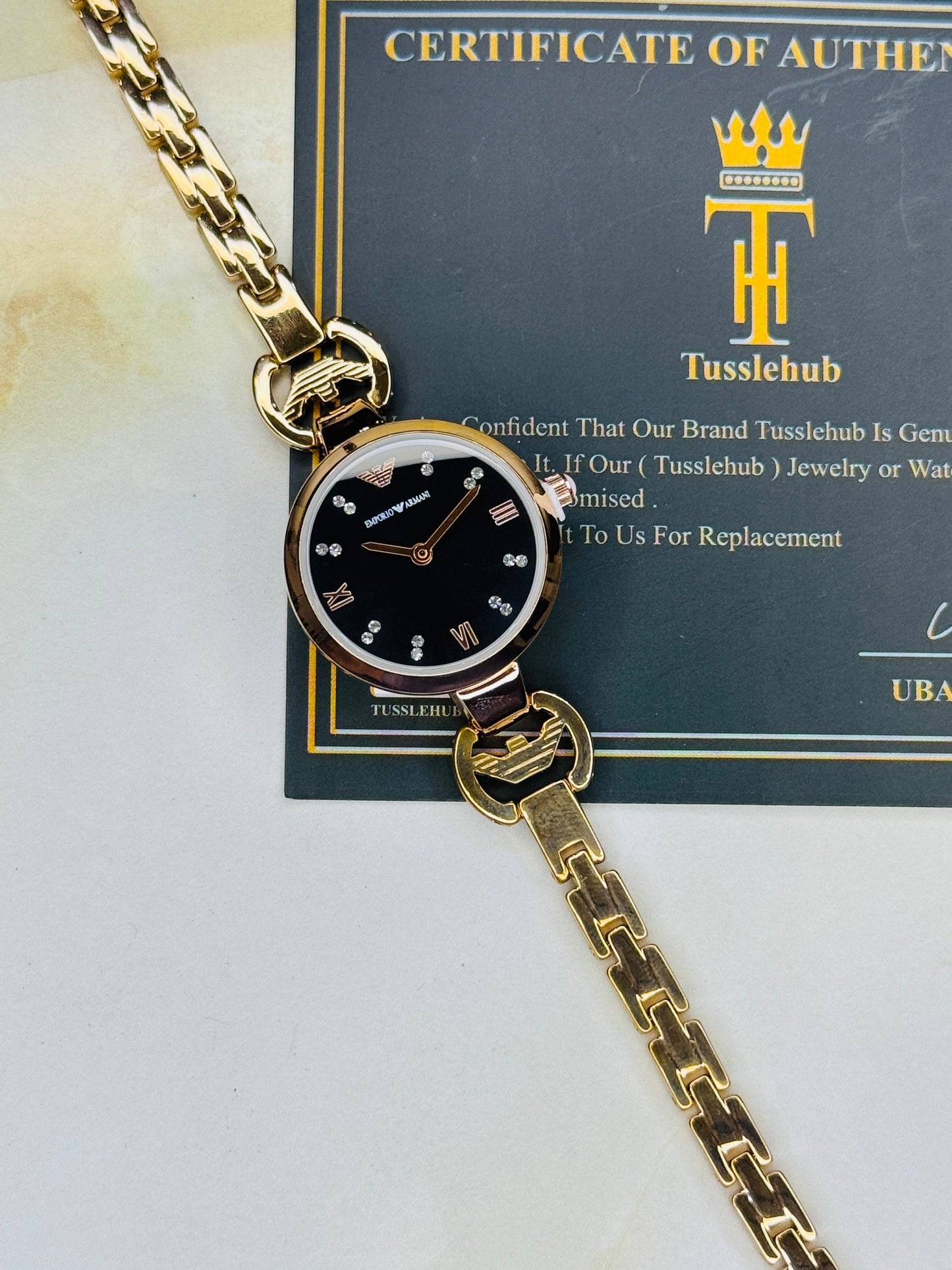 Emporio Rose Gold Black Watch for her