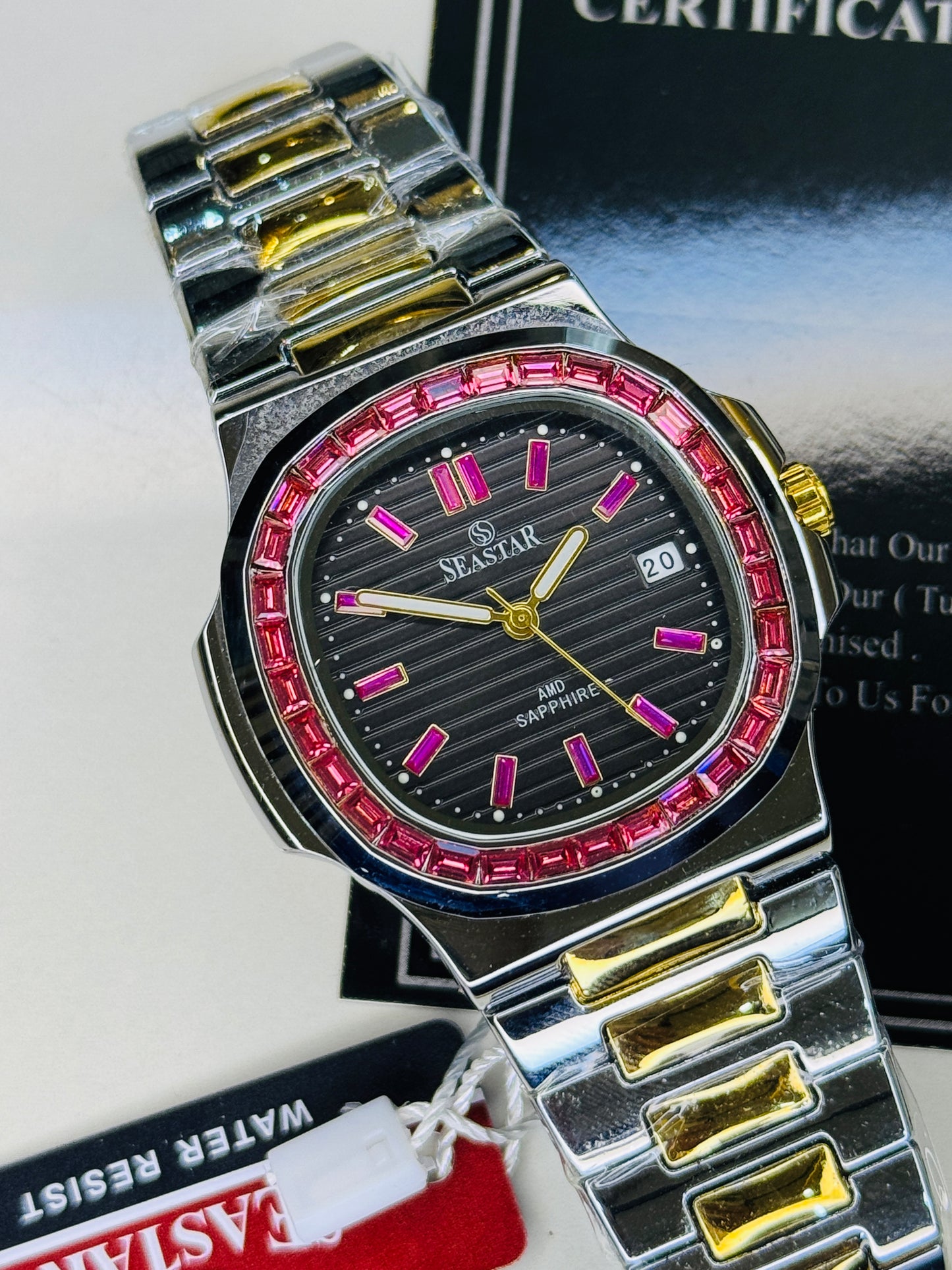 Two Tone Black Ruby Zircon Seastar Watch