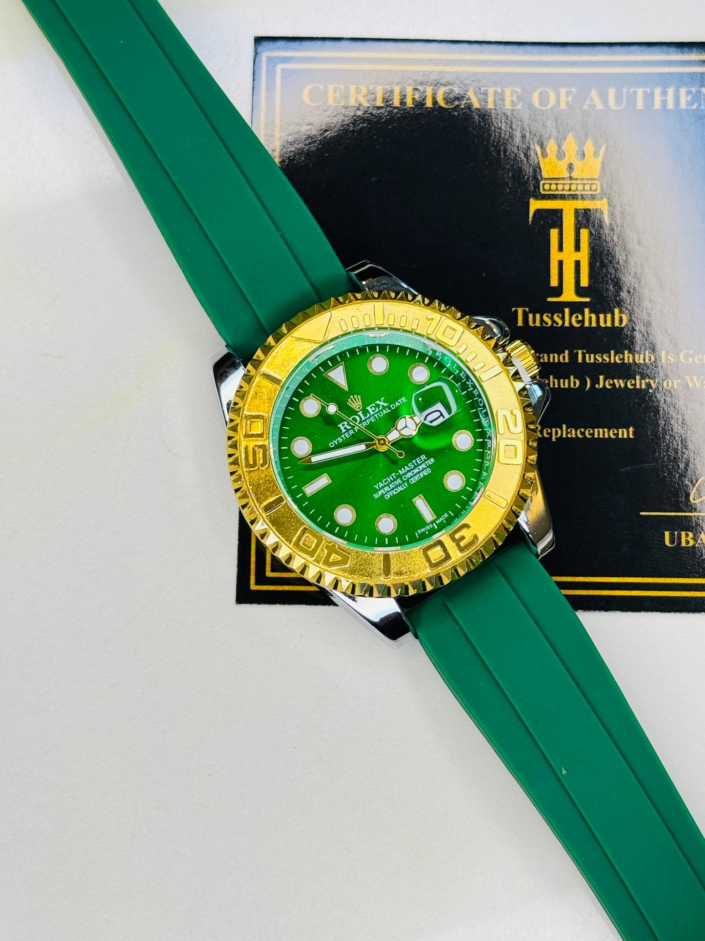 Green Gold Dial Black Yatchmaster Watch