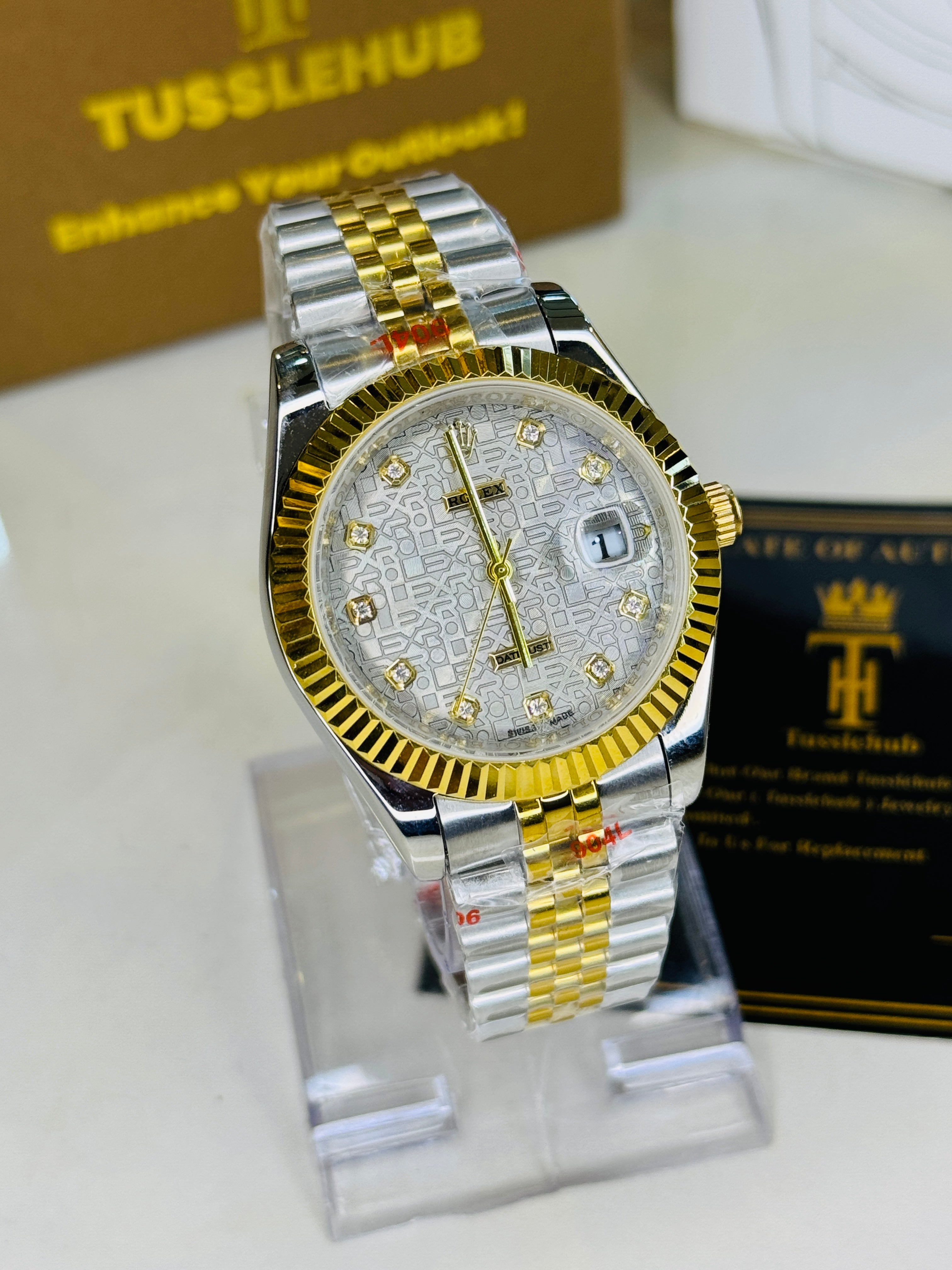 Jubilee Date Just Two Tone Diamond Fluted Grey Textured Dial Quartz Watch