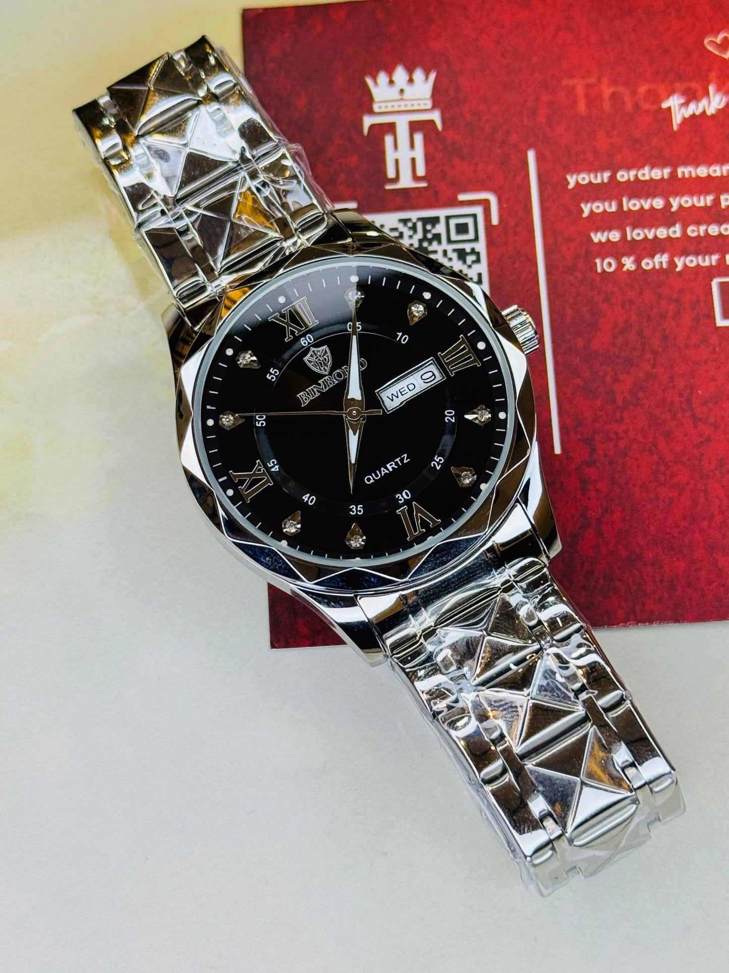 Silver Black Binbond Diamond Dial Watch