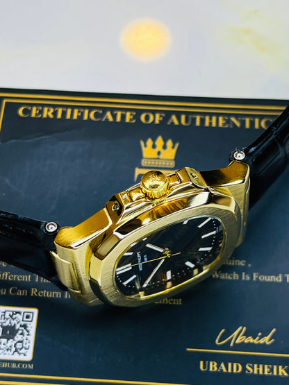 Black Leather Gold Black Dial Nautilus Watch