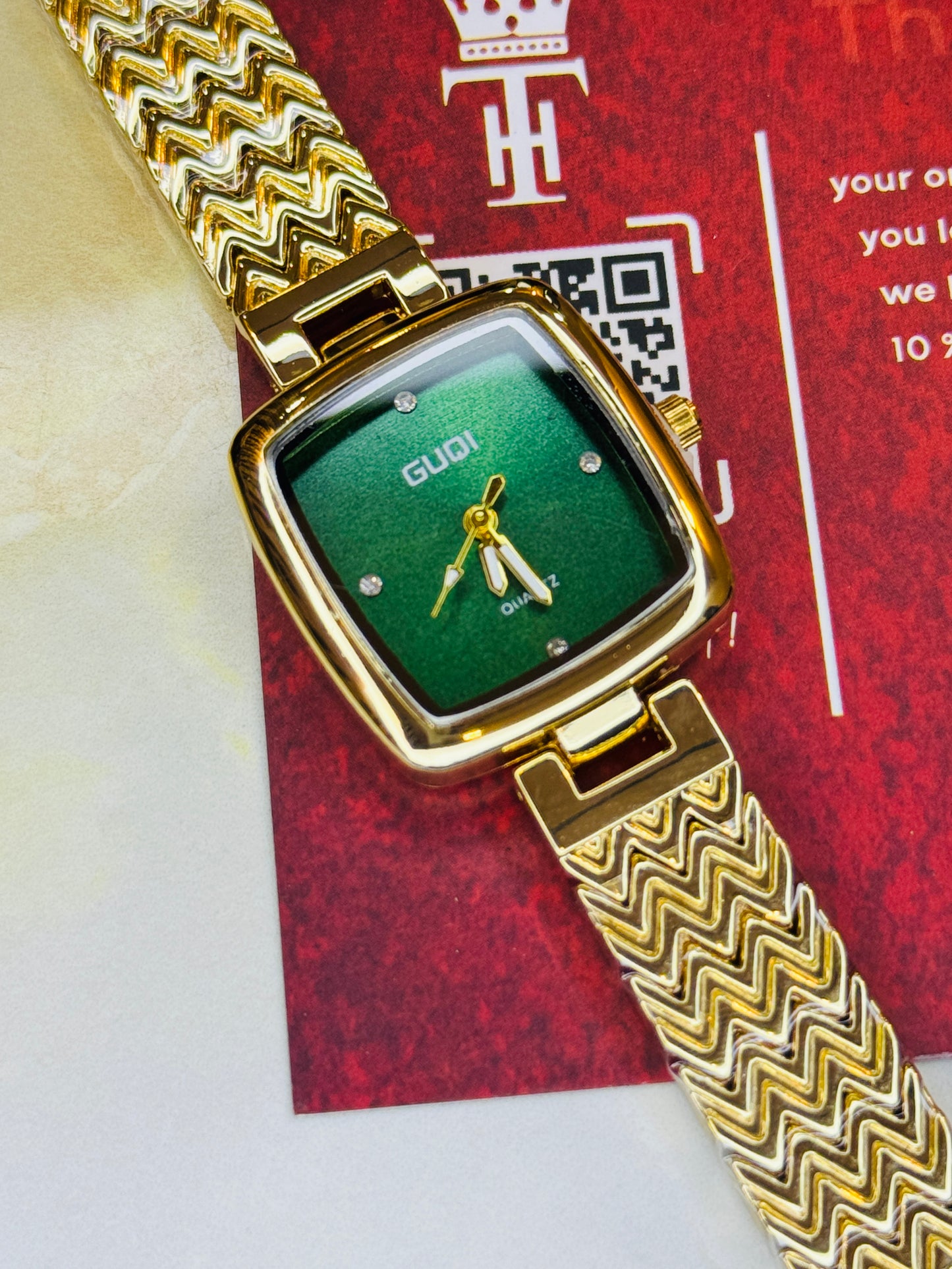 Gold Emerald Guqi Square Watch For Her