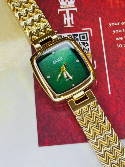 Gold Emerald Guqi Square Watch For Her