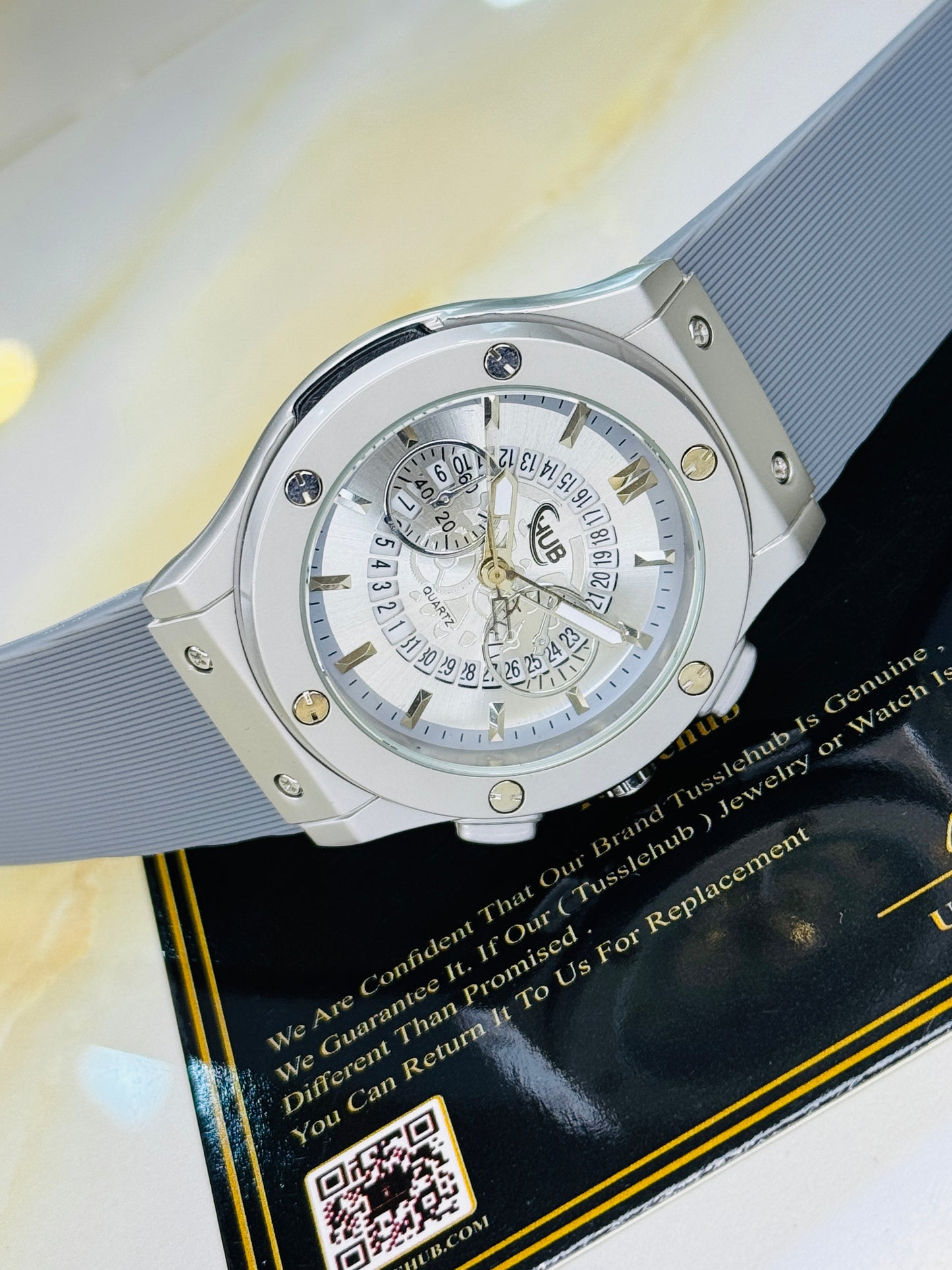 Minimal Ash Grey Hologram Leather Branded Watch