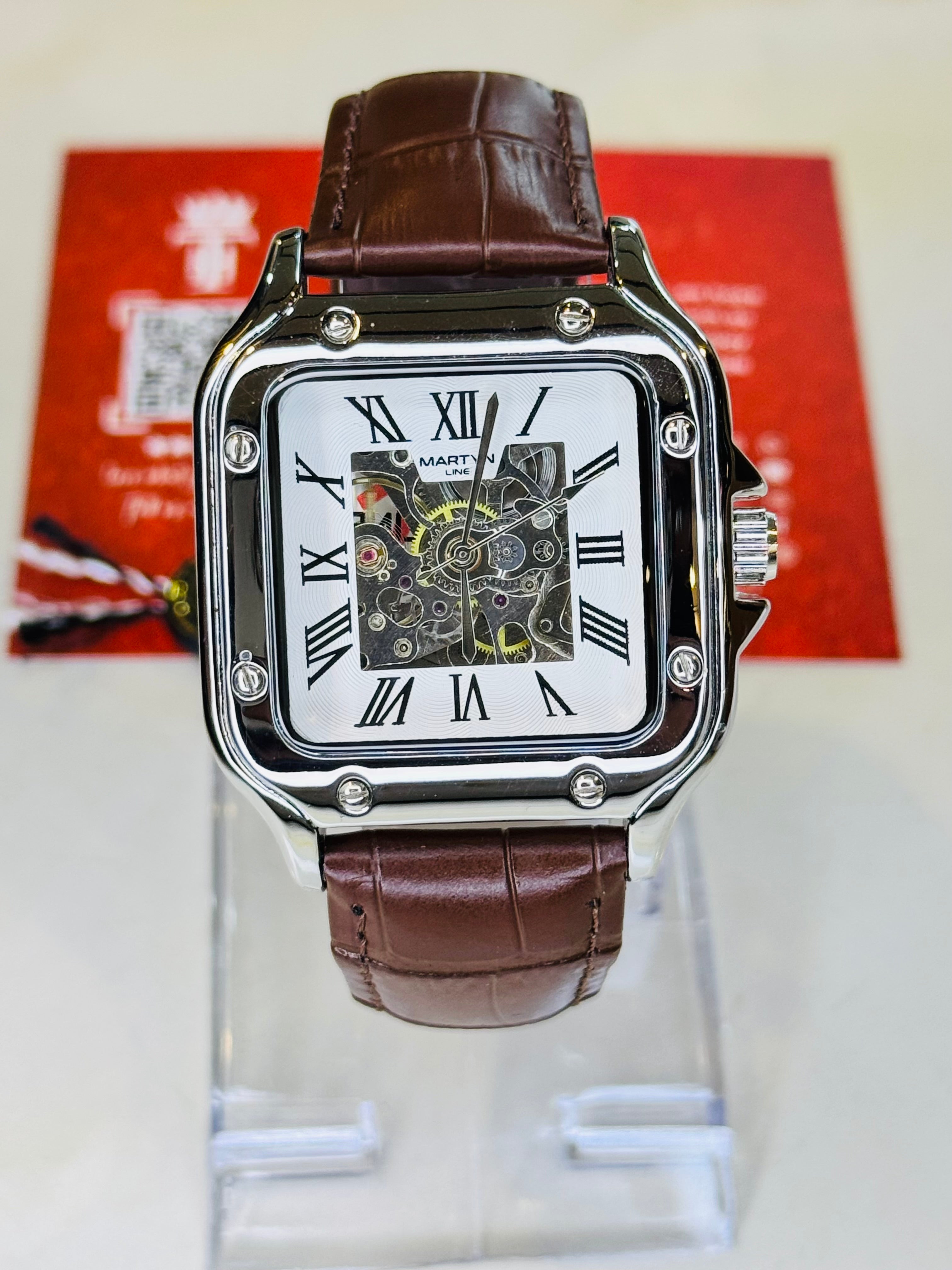Brown silver Tank Automatic Skeleton Watch