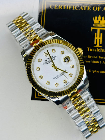 Jubilee Date Just Two Tone Diamond Fluted White Dial Quartz Watch