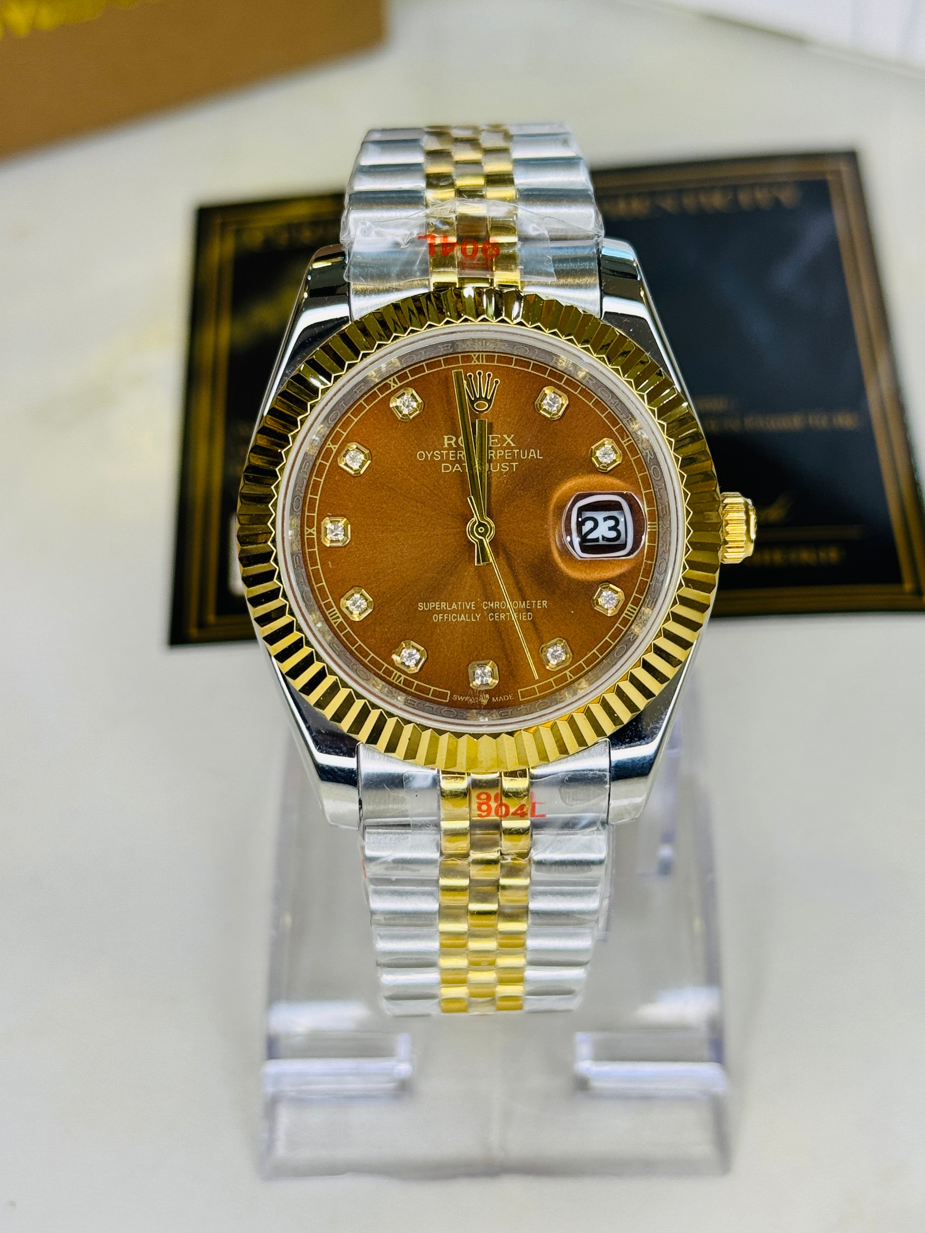 Jubilee Date Just Two Tone Diamond Fluted Chocolate Dial Quartz Watch