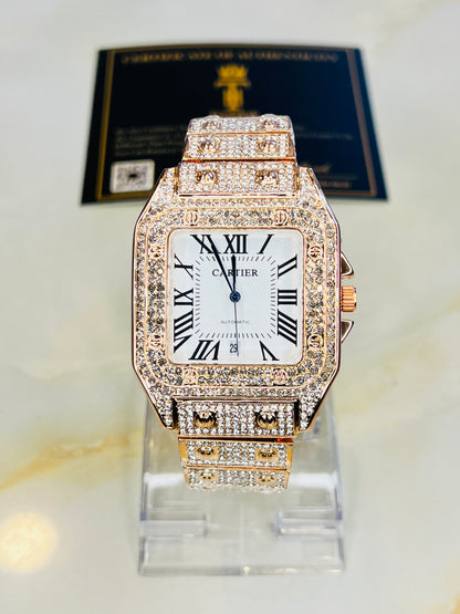 Square Iced Out Branded Rose gold White Dial Watch