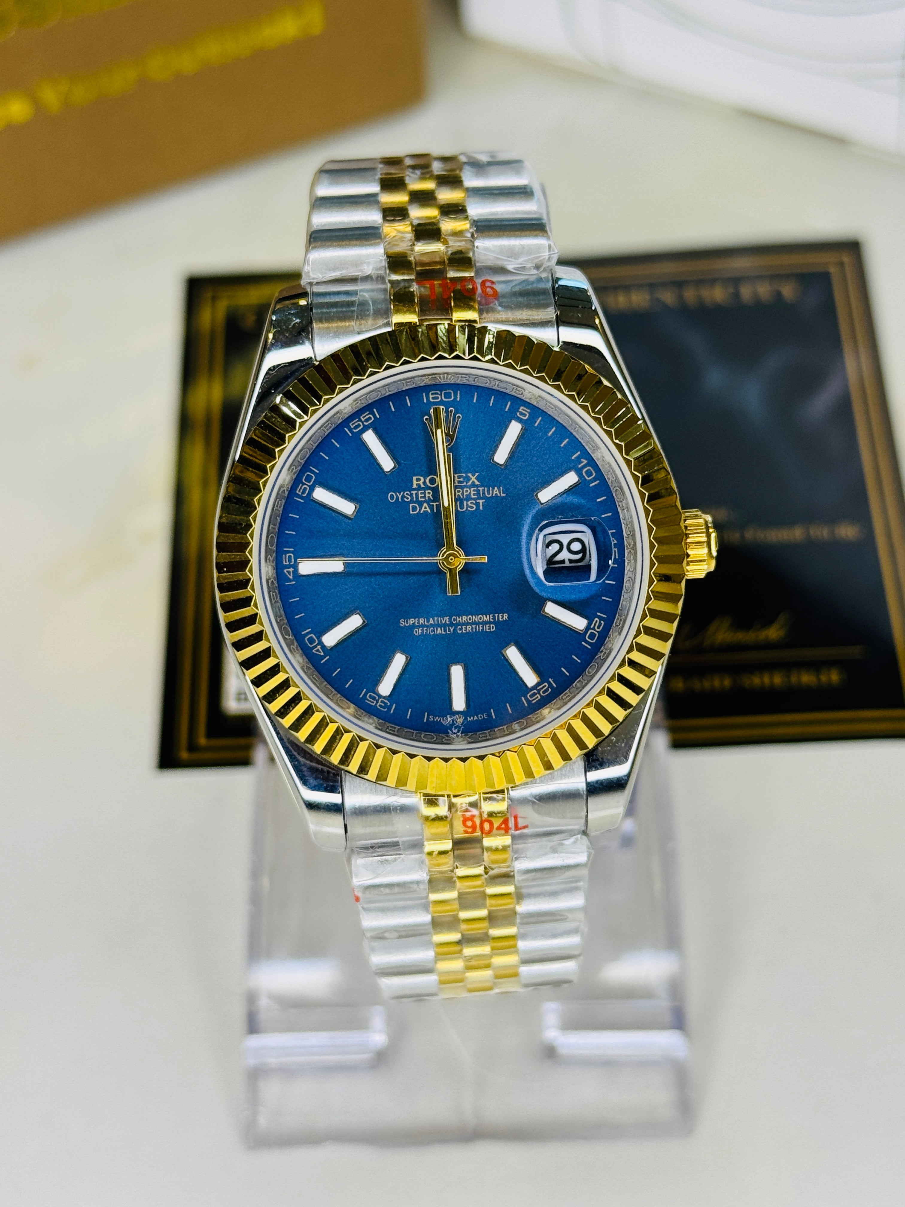 Jubilee Date Just Two Tone Vertical Fluted Blue Dial Quartz Watch