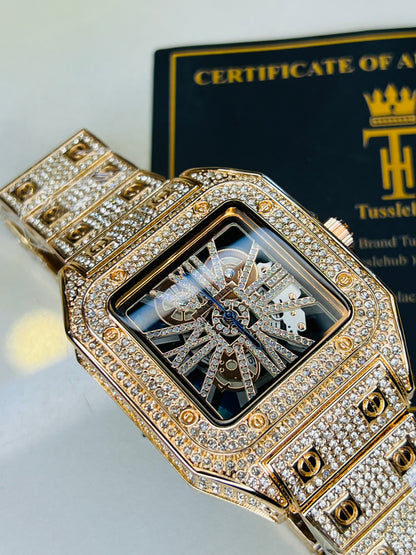 Rose Gold Skeleton Iced Out Watch