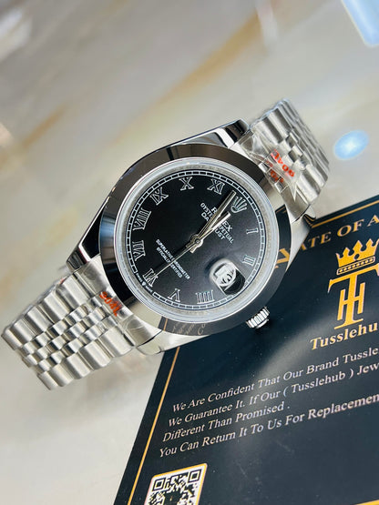 Roman Date Just Silver Black Plain Bezel Automatic Watch