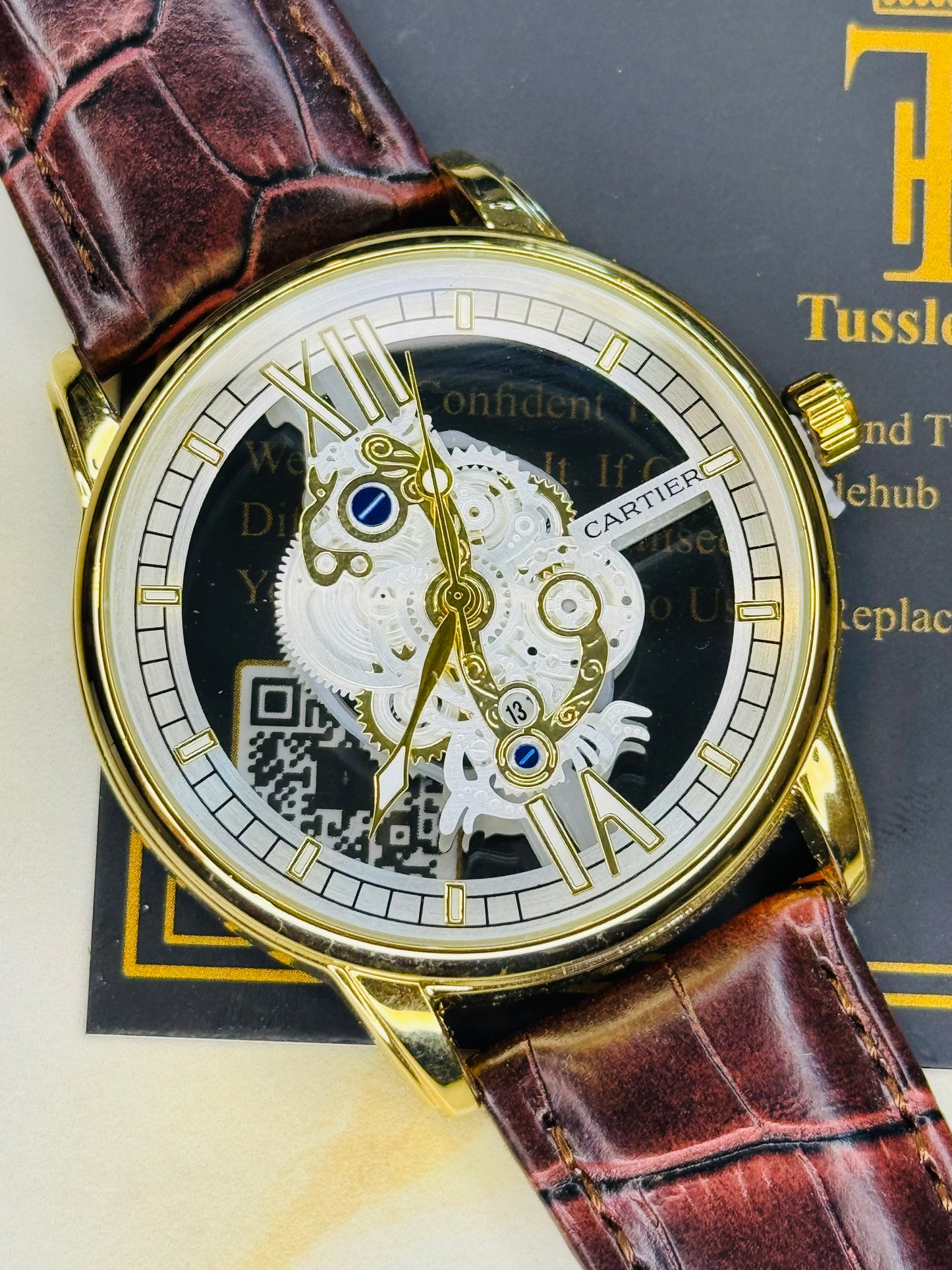 Brown Gold Skeleton Leather Cartier Watch