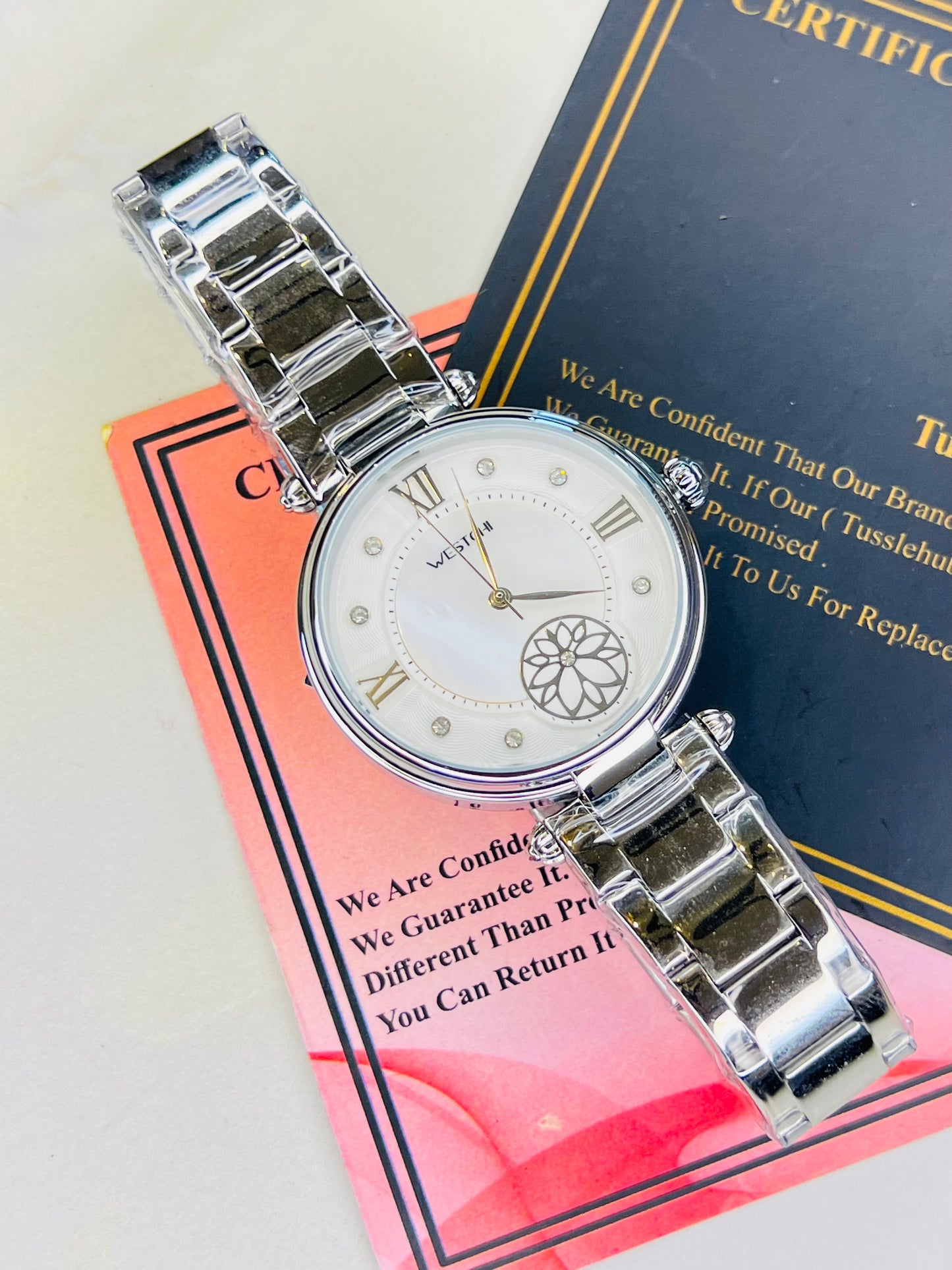 Silver Westchi White Floral Dial Watch For Her
