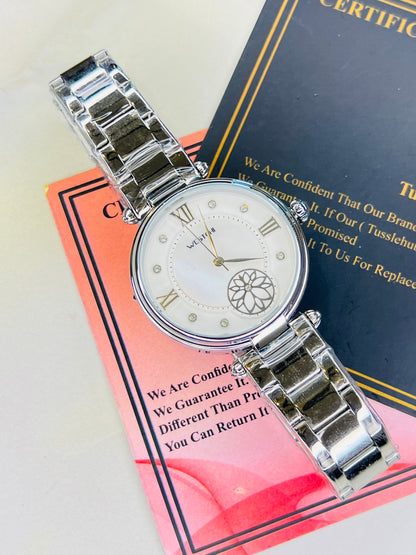 Silver Westchi White Floral Dial Watch For Her