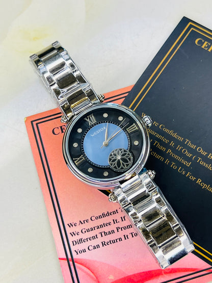 Silver Westchi Blue Black Dial Watch For Her