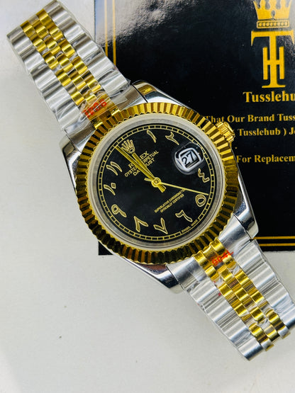 Jubilee Date Just Two Tone Arabic Fluted Black Dial Quartz Watch