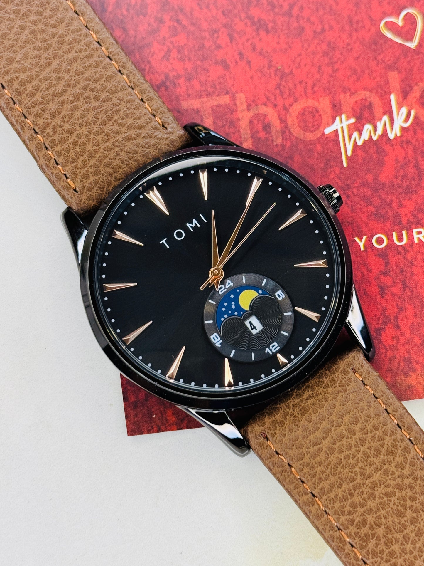 Tomi Brown Black Leather Magnetic Strap Watch