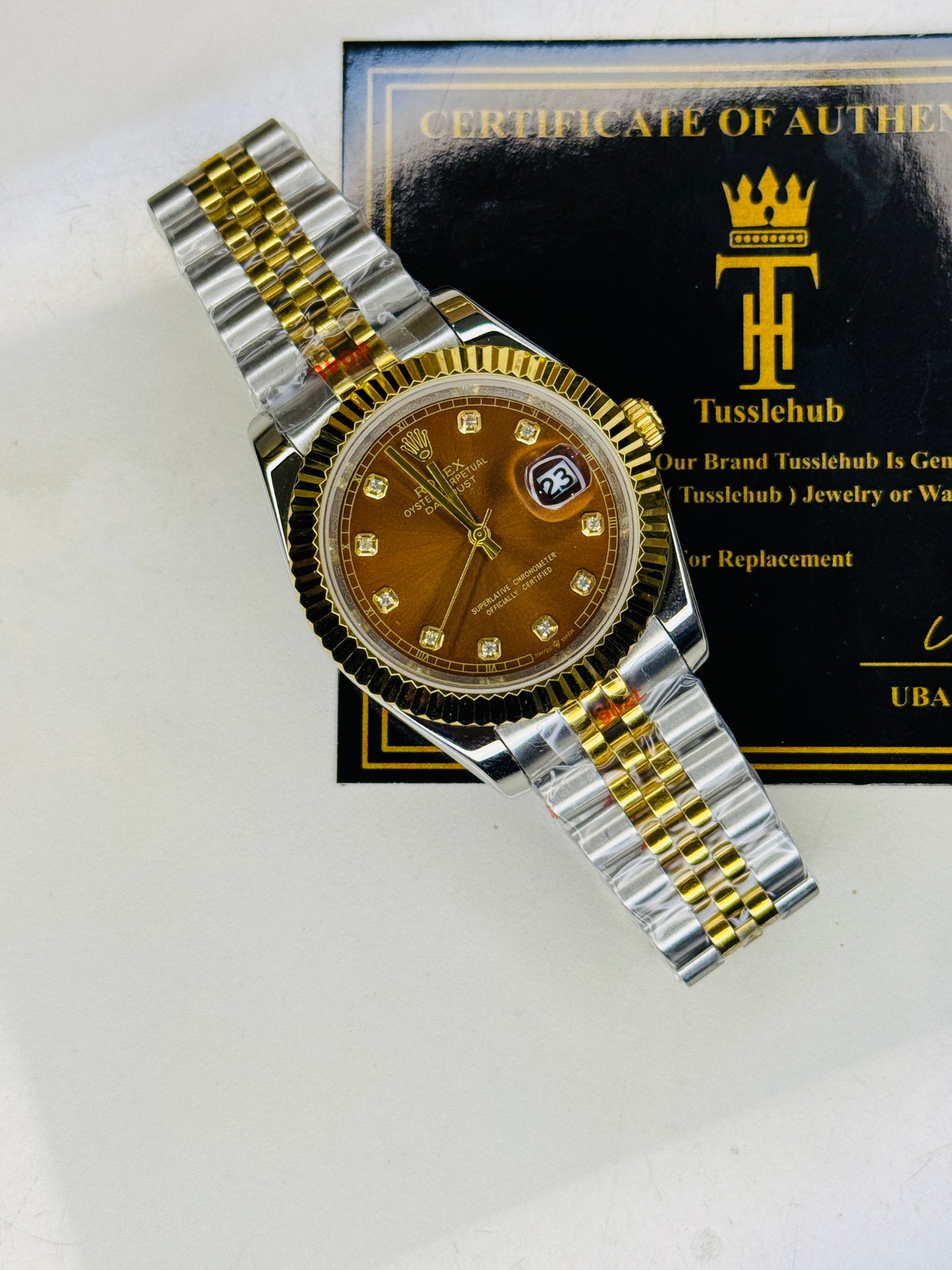 Jubilee Date Just Two Tone Diamond Fluted Chocolate Dial Quartz Watch
