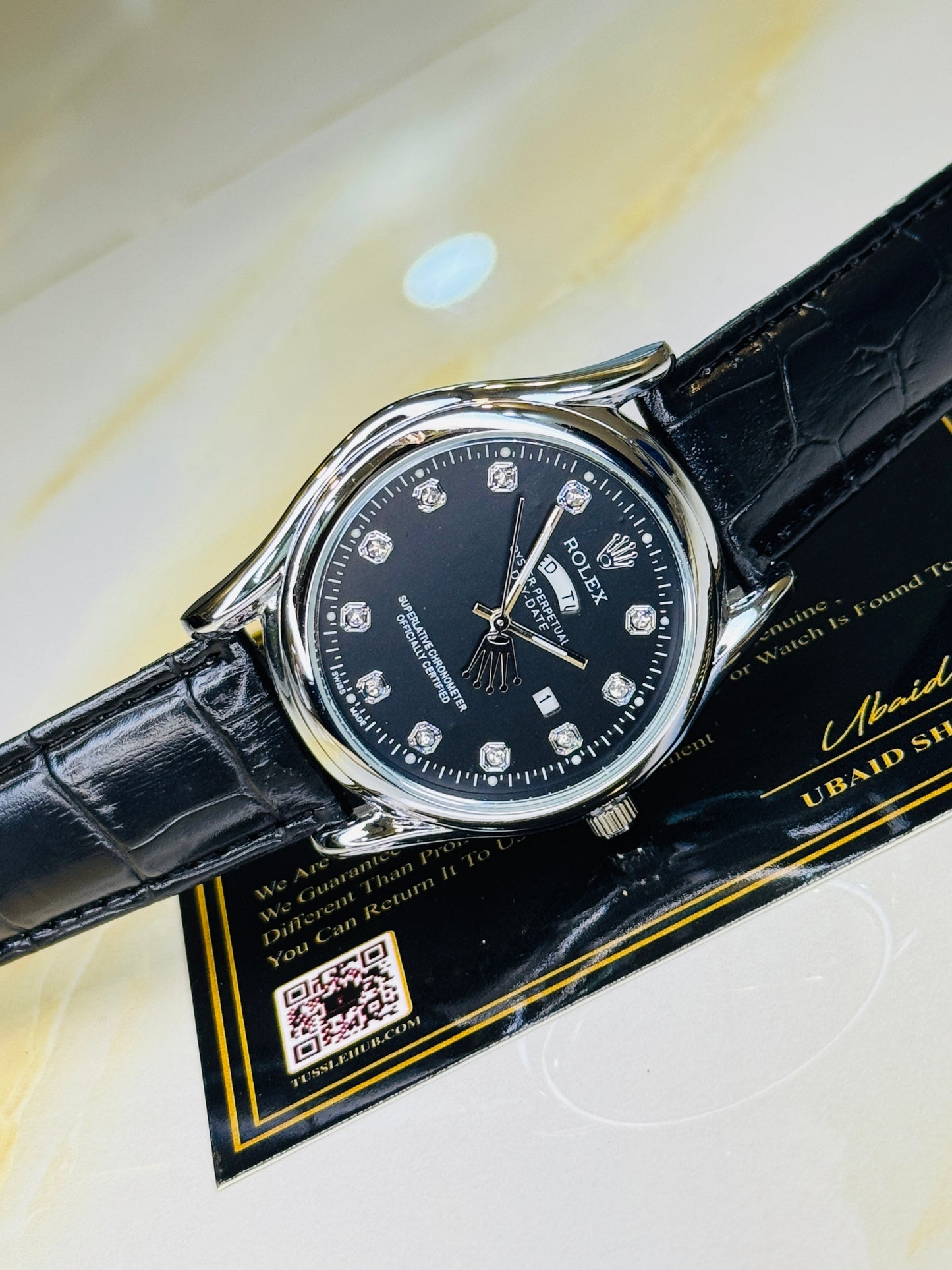 Black Silver Black Round Leather Rolex Watch