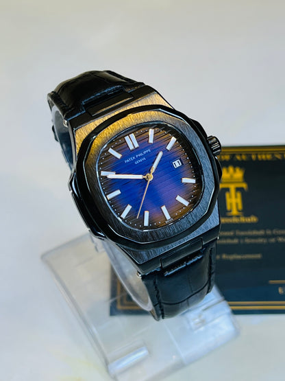 Black Leather Black Sapphire Dial Nautilus Watch