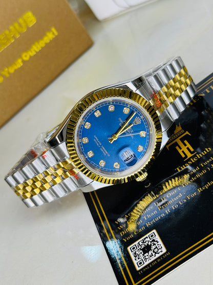 Jubilee Date Just Two Tone Diamond Fluted Blue Dial Quartz Watch