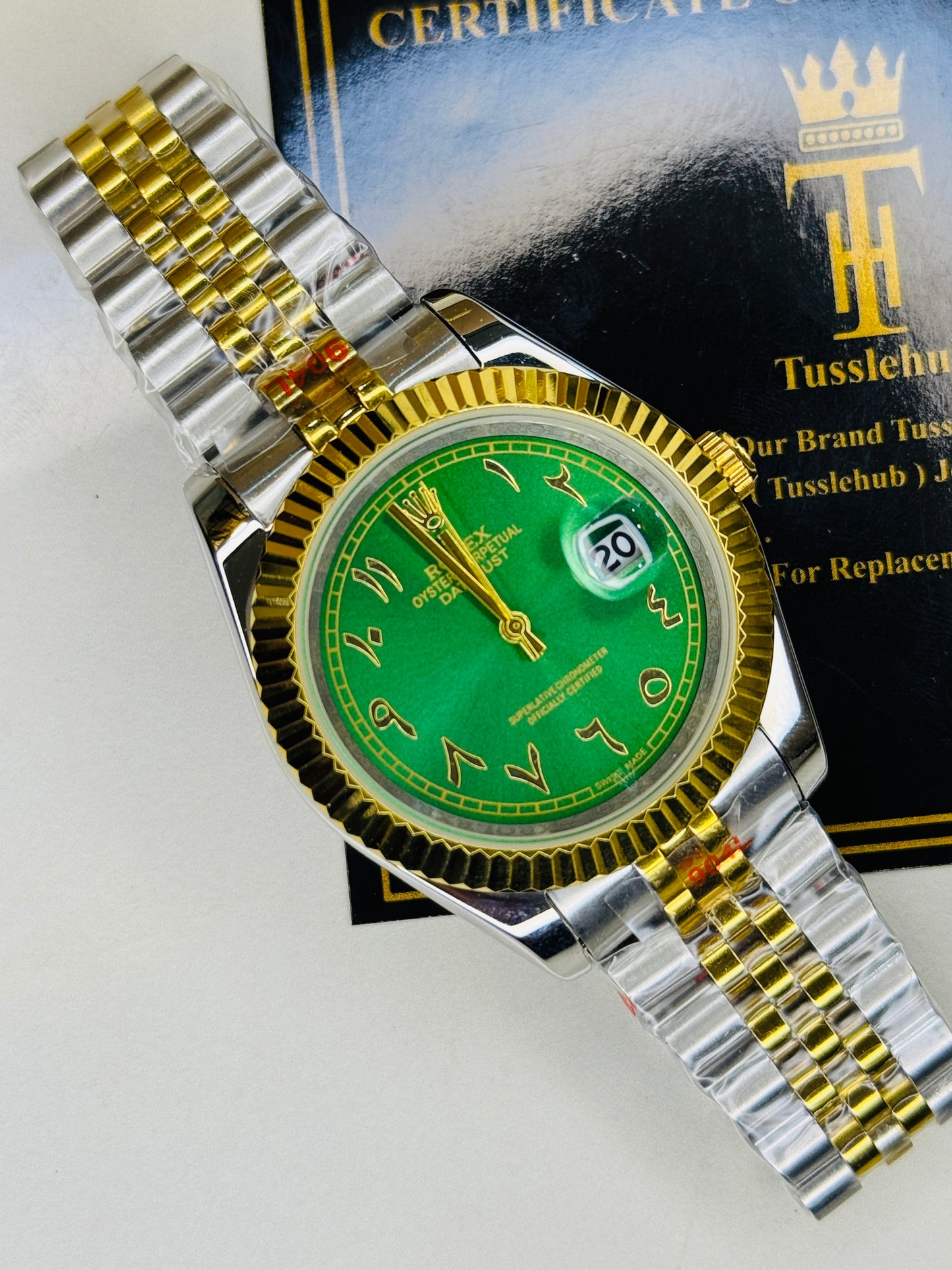 Jubilee Date Just Two Tone Arabic Fluted Green Dial Quartz Watch