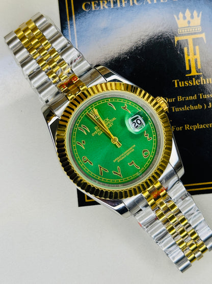 Jubilee Date Just Two Tone Arabic Fluted Green Dial Quartz Watch