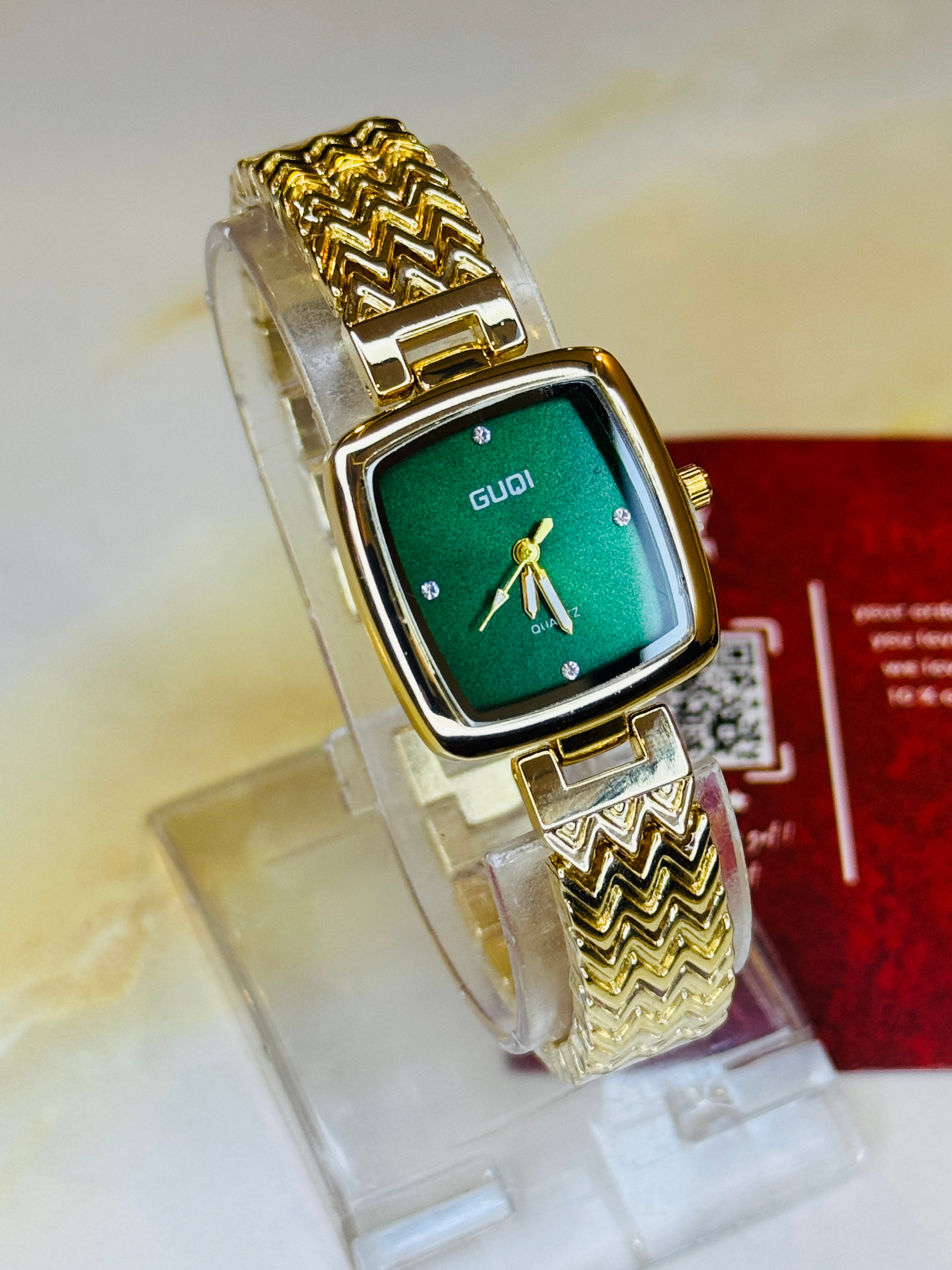 Gold Emerald Guqi Square Watch For Her
